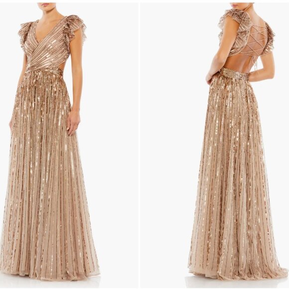 MAC DUGGAL 5568 SEQINED CUTOUT RUFFLED CAP SLEEVE LACE UP COPPER GOWN  sz 2 - Picture 4 of 4